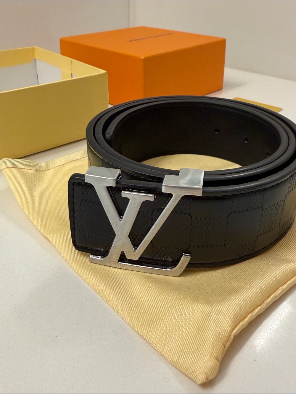 Louis Vuitton LV Initiales Black Damier Leather Belt Silver Buckle